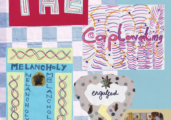 Zine page with cut out letters and handwritten words in many colours and patterns. Reads 'The captivating melancholy engulfed our outlandish universe'