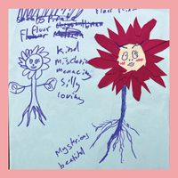 Drawings of flowers with faces and unclear writing from a zine page