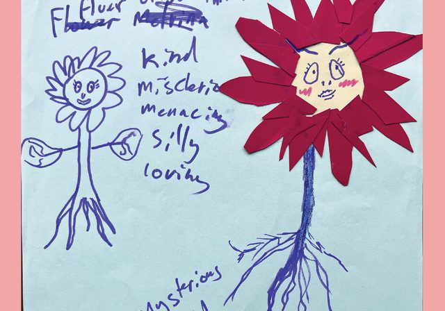 Drawings of flowers with faces and unclear writing from a zine page