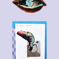 Abstract cut out collage of eye and other unclear shapes including a white rectangle inside a blue rectangle