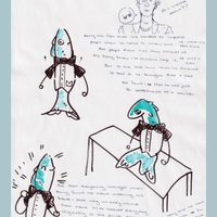 A page of drawings and writing. Drawings of fish with bowties on. From a zine page.