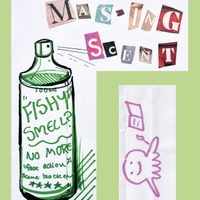 Illustration of a spray can that says 'fishy smell?' and cut out letters that say 'masking scent' from a zine page