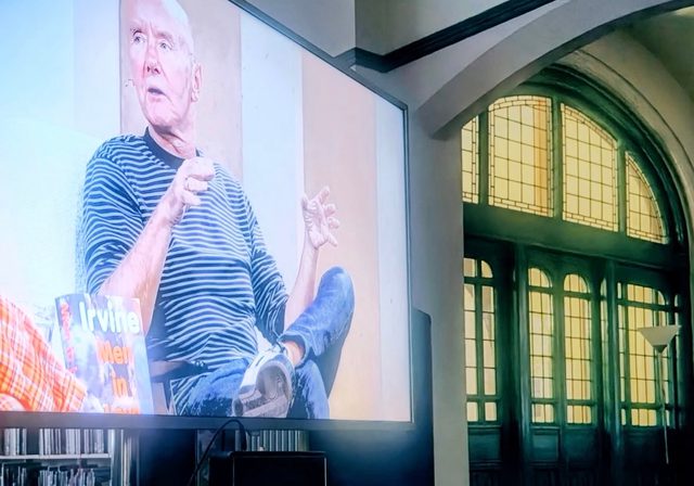 Photo of projection of Irvine Welsh talking at the Book Festival