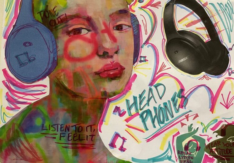 Collage artwork of a person with headphones on