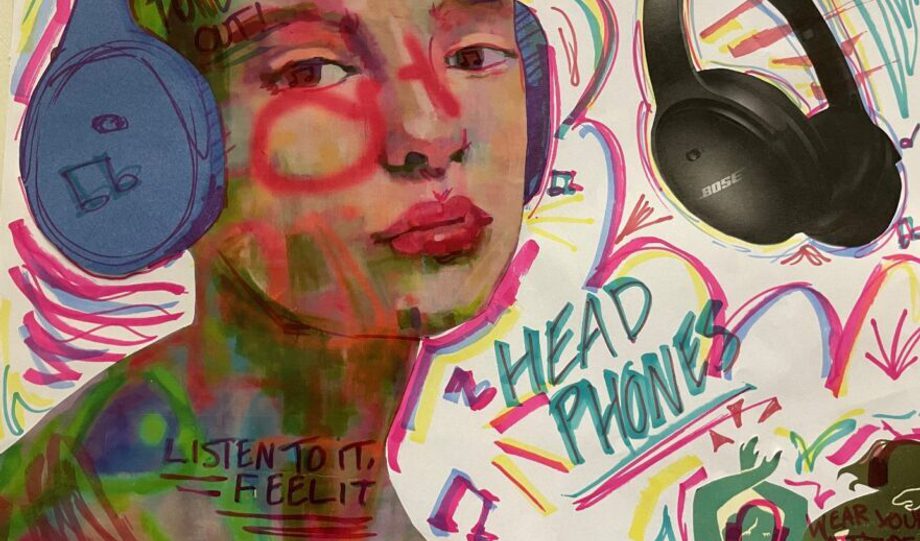Collage artwork of a person with headphones on