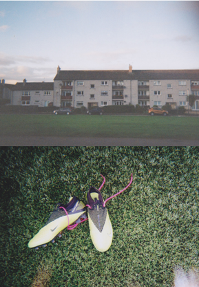 Two photos, one of blocks of flats the other of football boots.