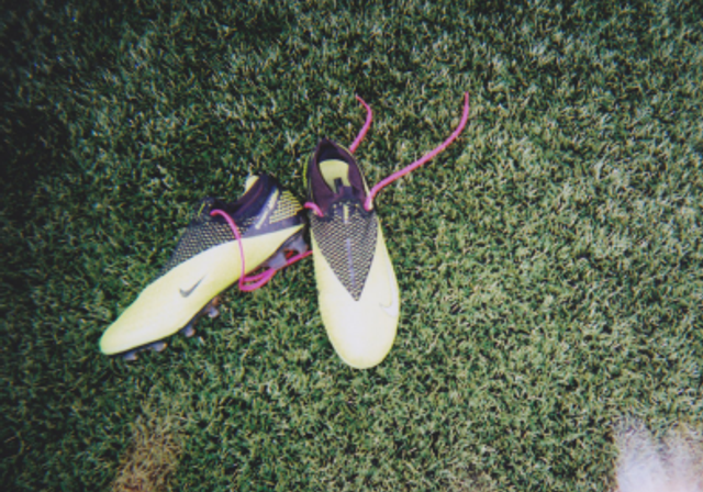 Two photos, one of blocks of flats the other of football boots.