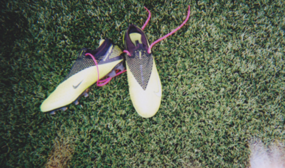 Two photos, one of blocks of flats the other of football boots.