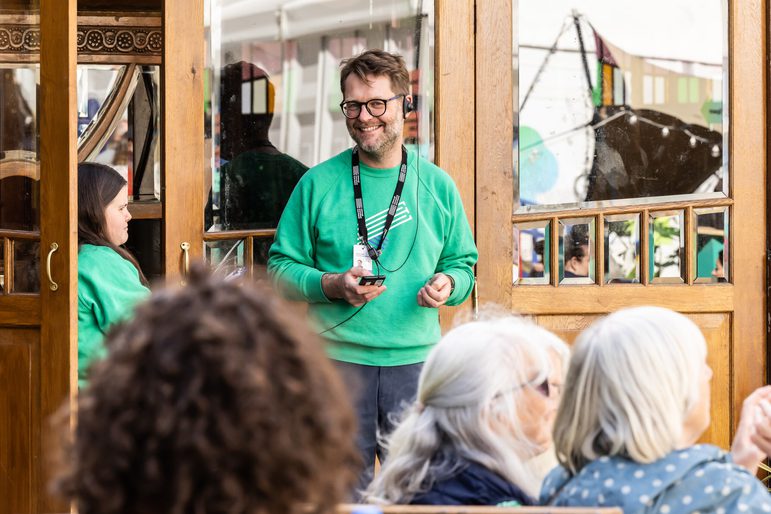 Book Festival volunteer with crowd