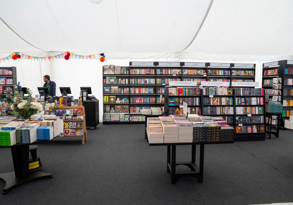 Wide shot of the interior of the bookshop at the Book Festival