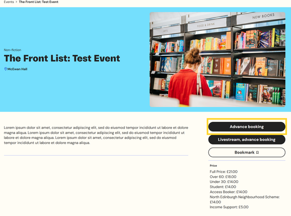 Screenshot of Book Fest event page with Advance Booking button highlighted