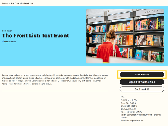 Screenshot of Book Fest event page with Book Tickets button highlighted